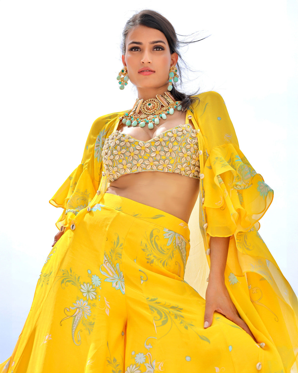 Yellow Cowrie Embroidered Cape Sharara Set