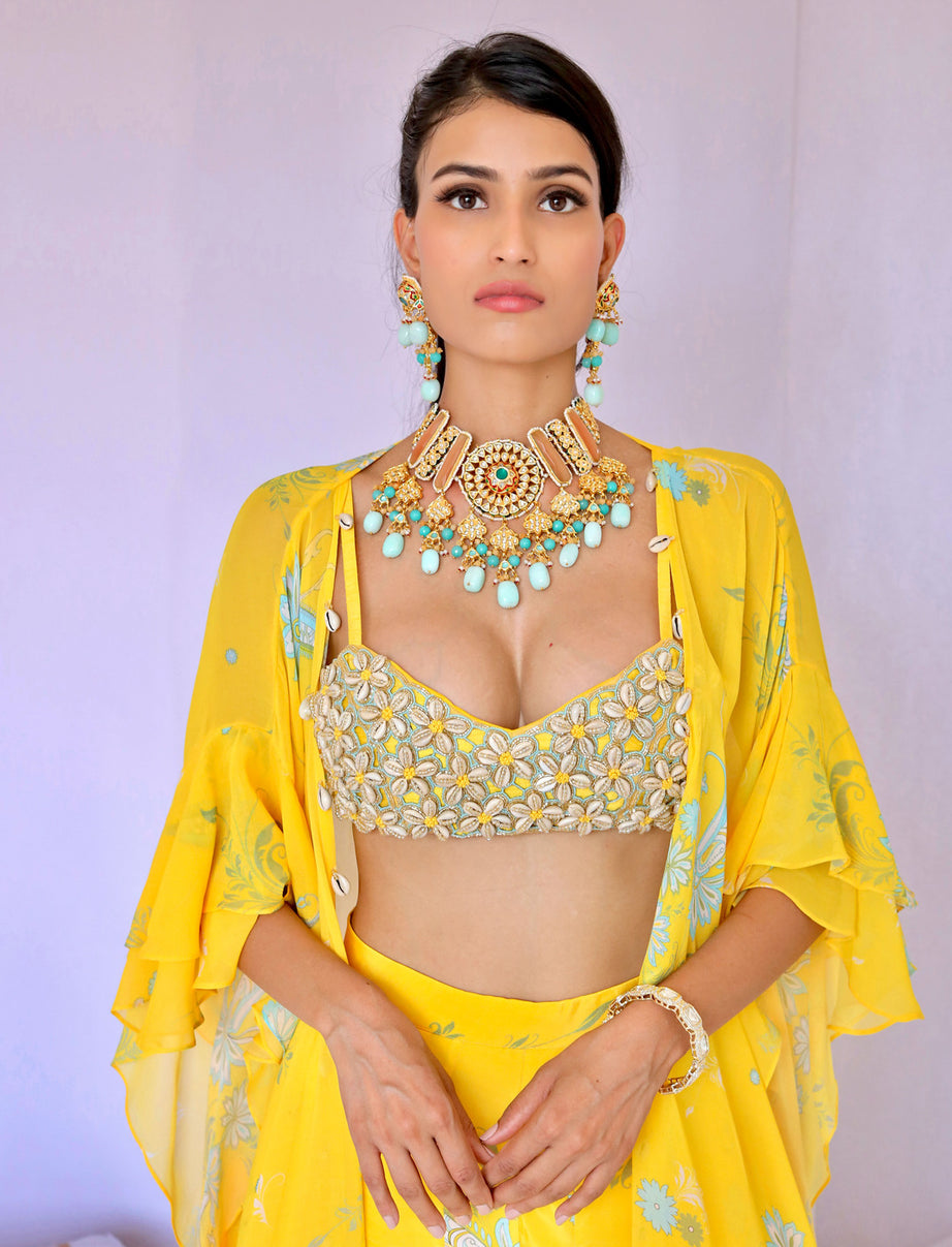 Yellow Cowrie Embroidered Cape Sharara Set