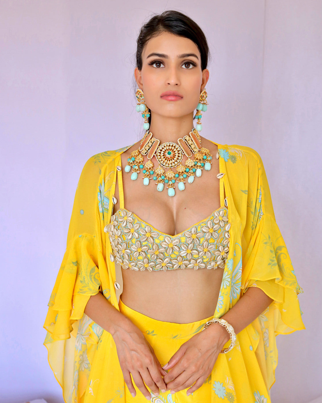 Yellow Cowrie Embroidered Cape Sharara Set