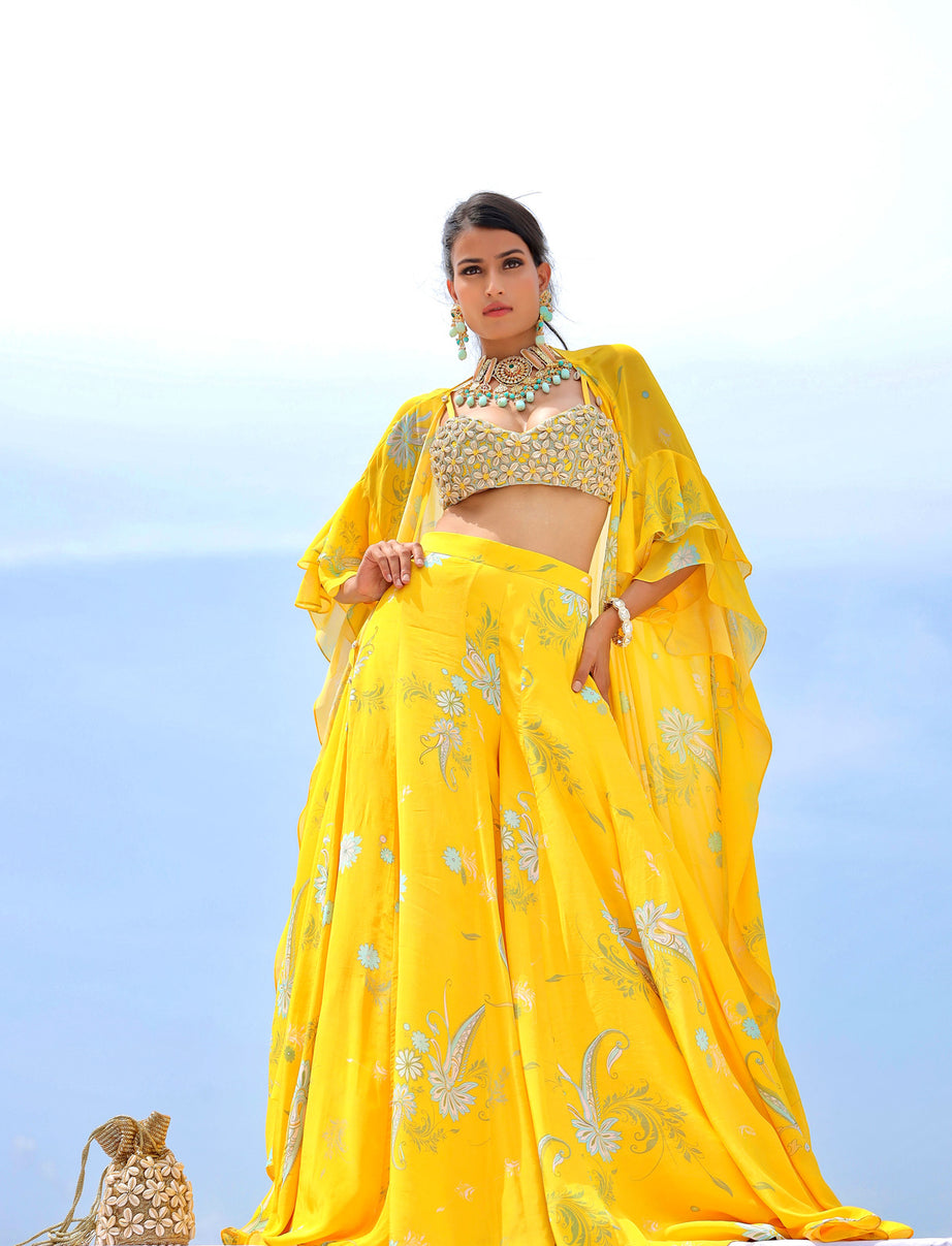 Yellow Cowrie Embroidered Cape Sharara Set