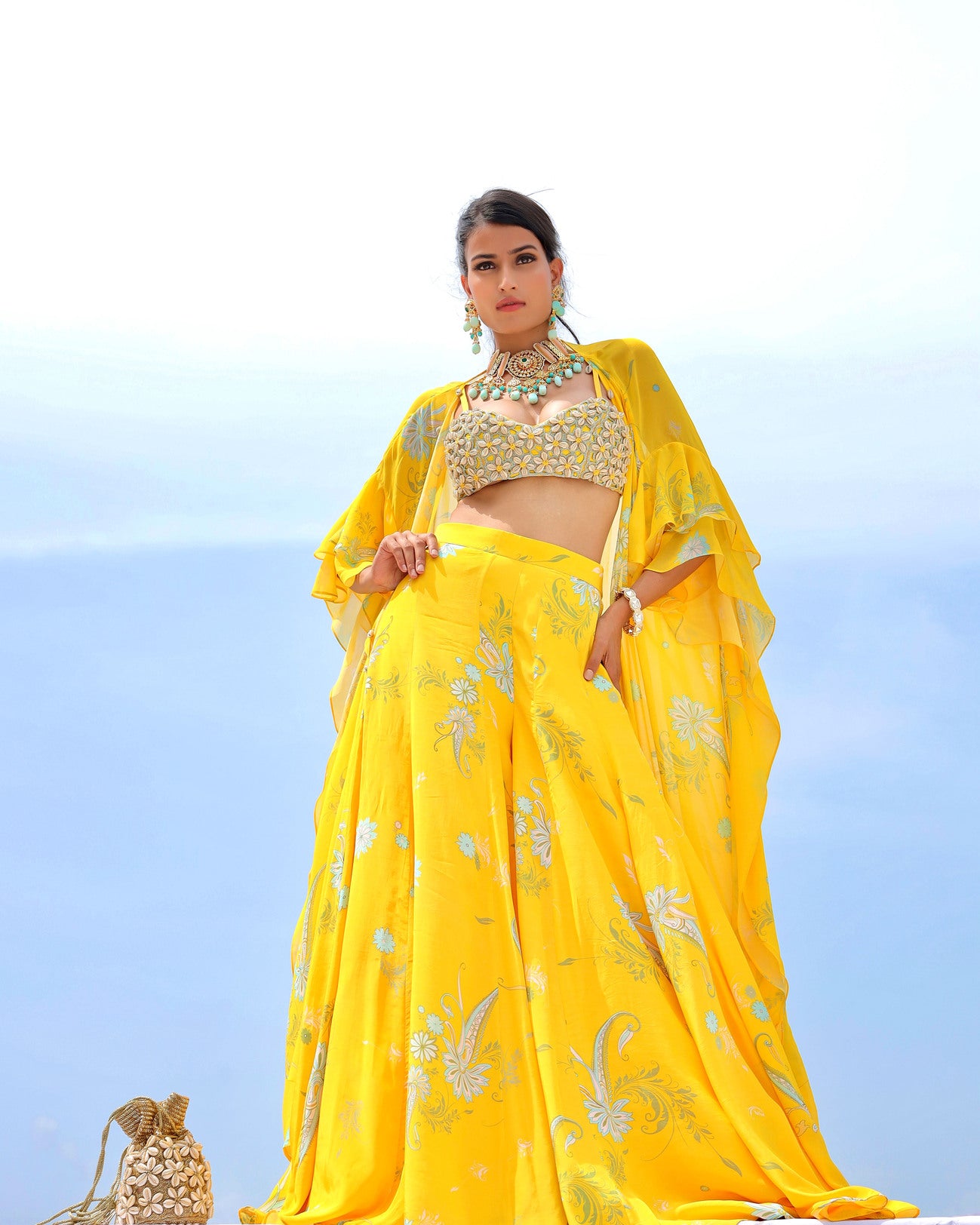 Yellow Cowrie Embroidered Cape Sharara Set