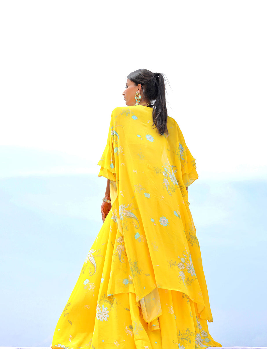 Yellow Cowrie Embroidered Cape Sharara Set