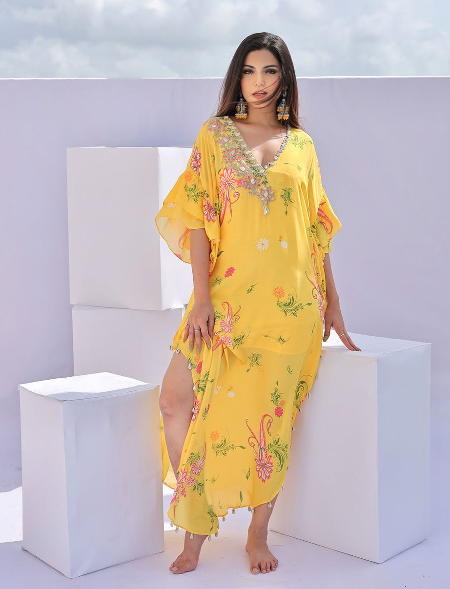 Yellow Paisley Print Embroidered Kaftan (XL)