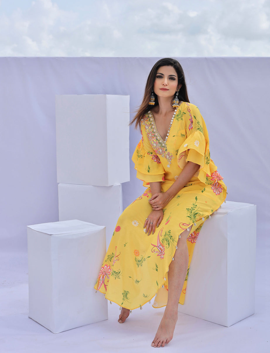 Yellow Paisley Print Embroidered Kaftan