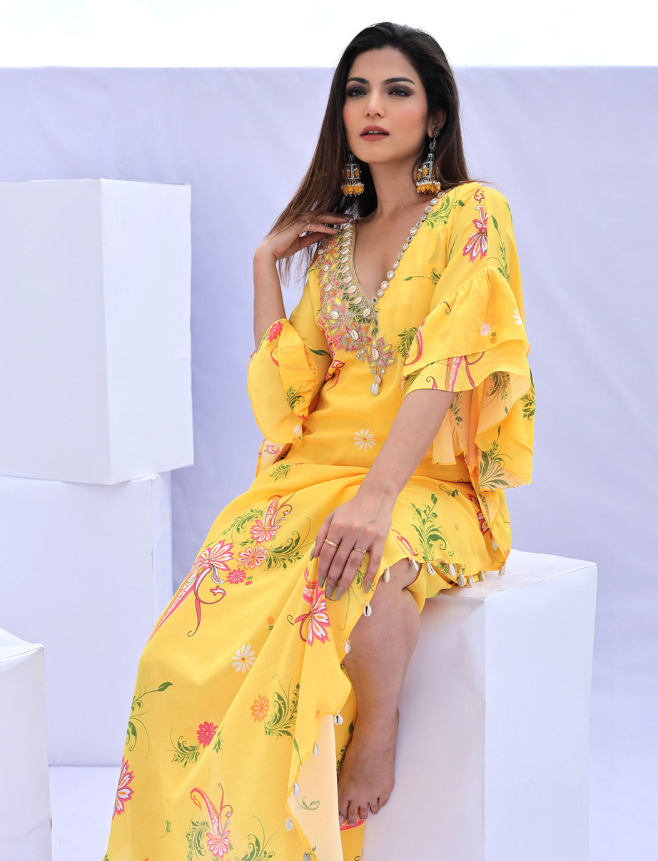 Yellow Paisley Print Embroidered Kaftan