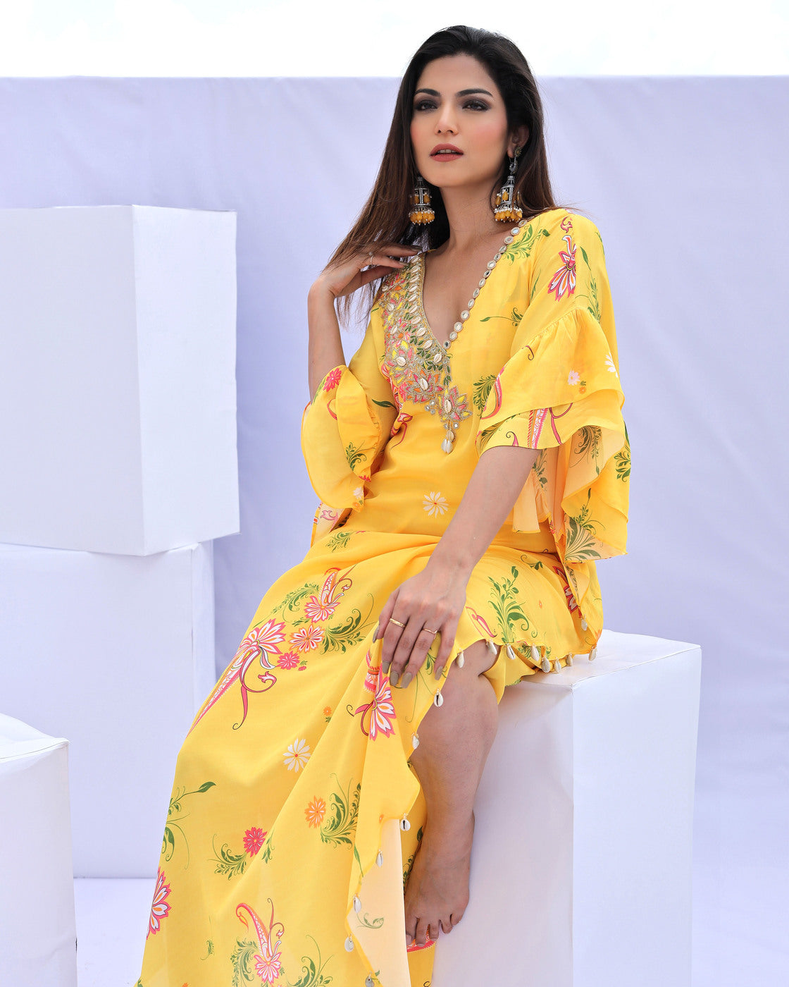 Yellow Paisley Print Embroidered Kaftan