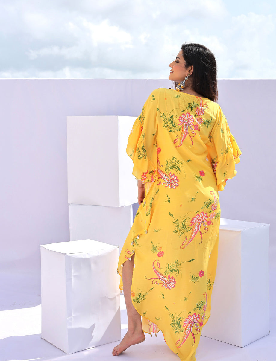 Yellow Paisley Print Embroidered Kaftan