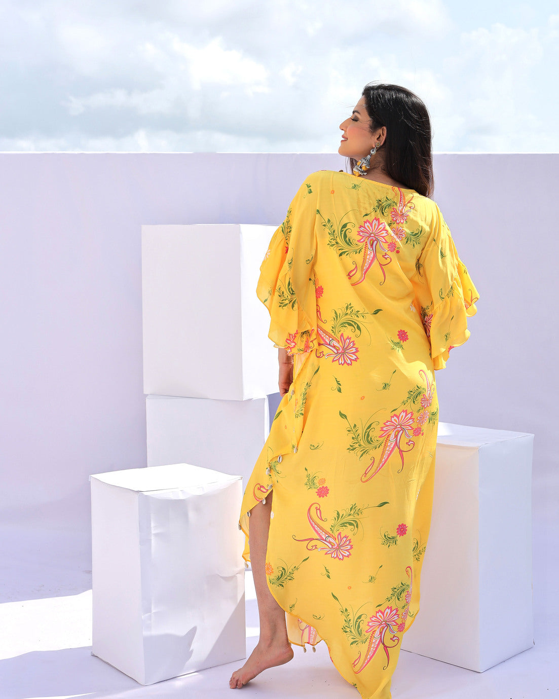 Yellow Paisley Print Embroidered Kaftan