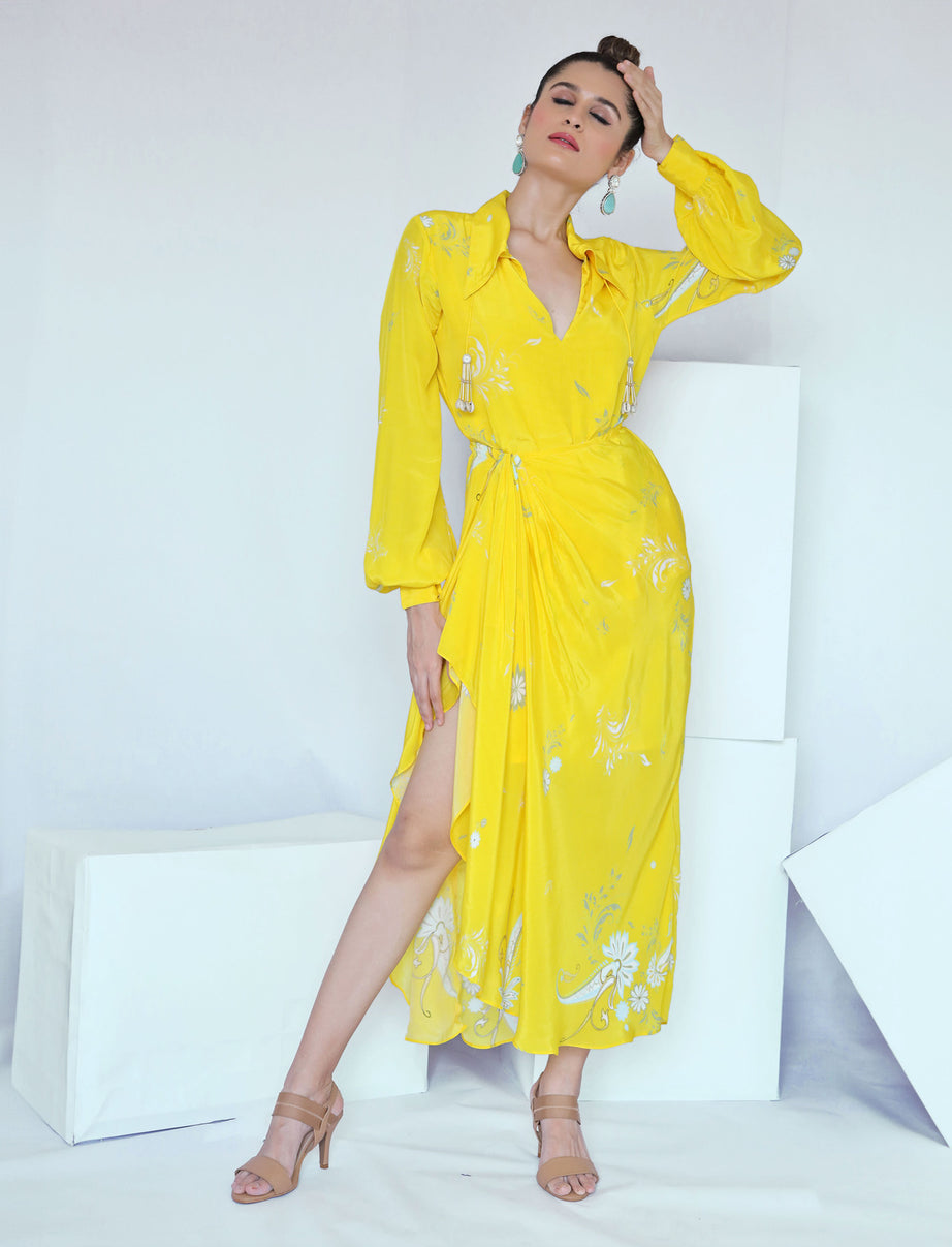 Yellow Paisley Print Wrap Dress (M)