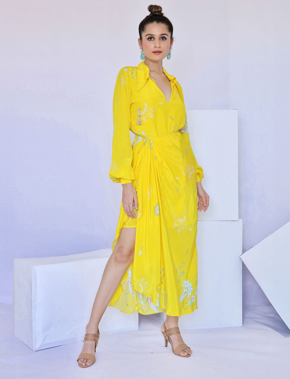 Yellow Paisley Print Wrap Dress