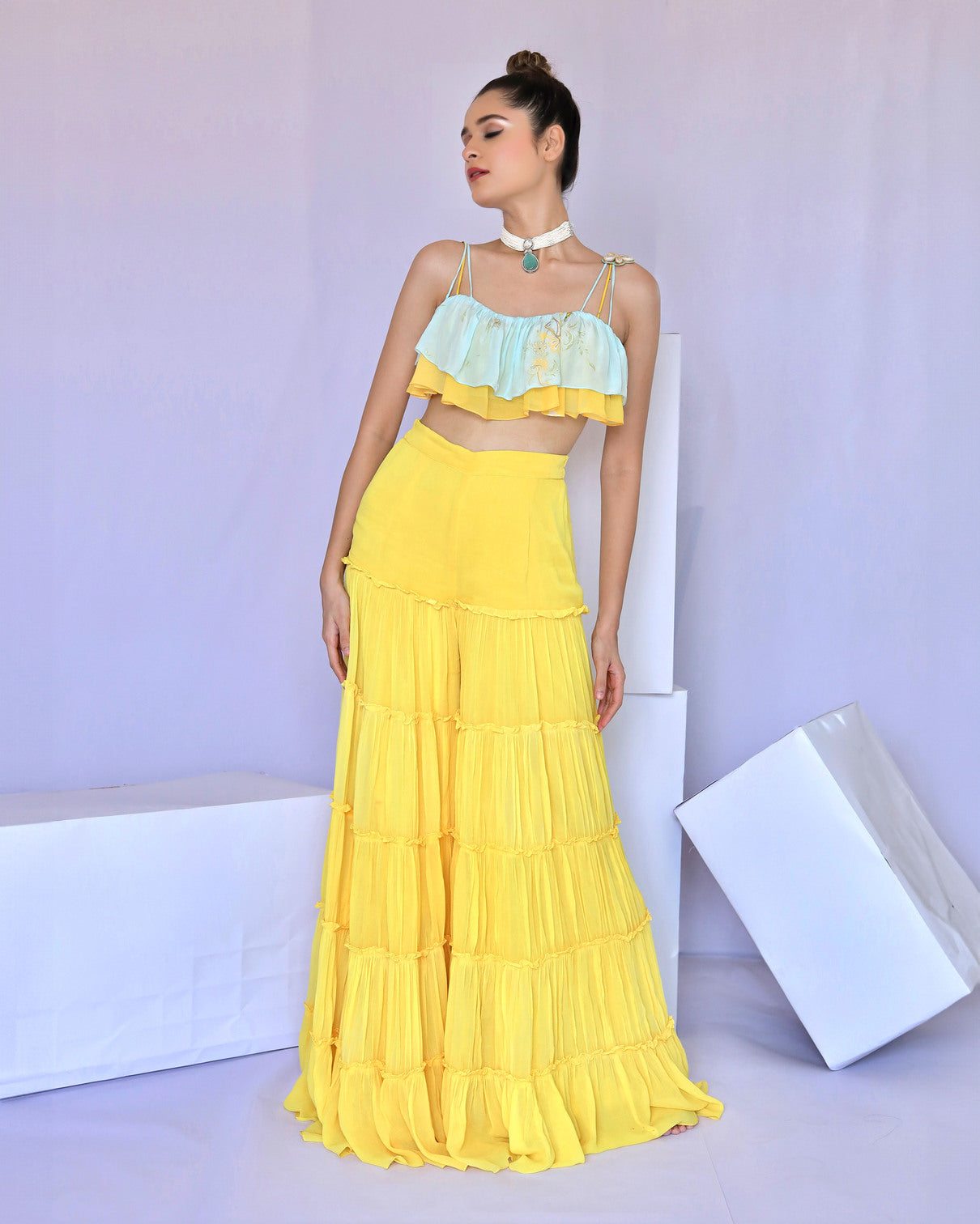 Yellow Tiered Pant & Ruffle Top Set