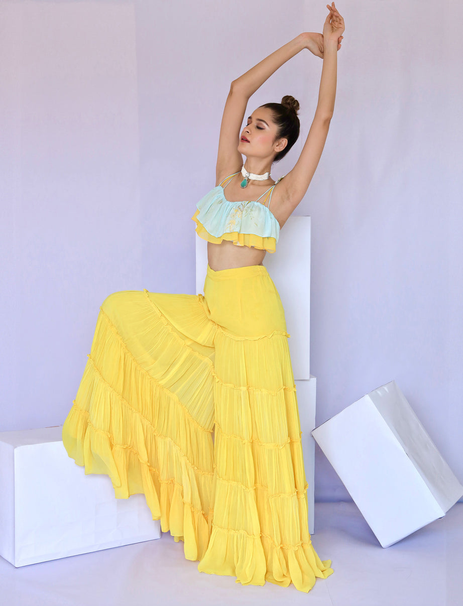 Yellow Tiered Pant & Ruffle Top Set