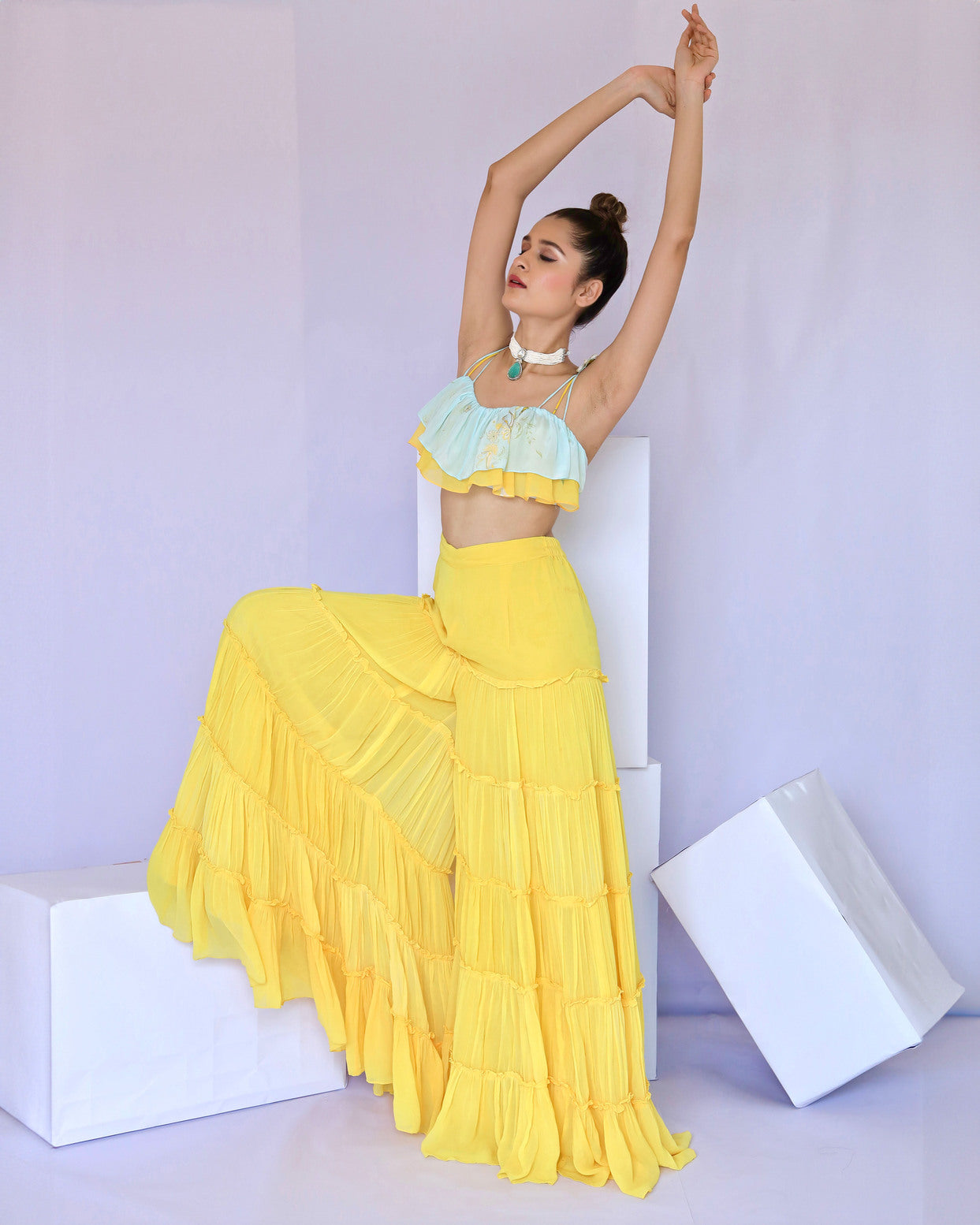 Yellow Tiered Pant & Ruffle Top Set