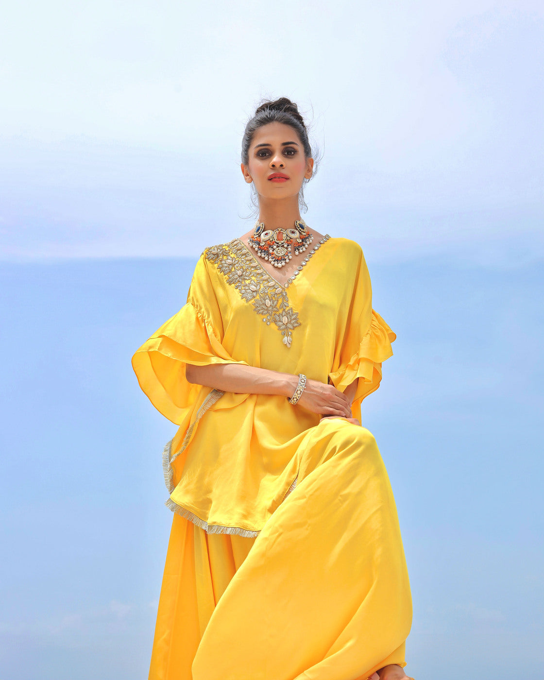 Yellow With Gold Embroidered Co-ordset (Offer)