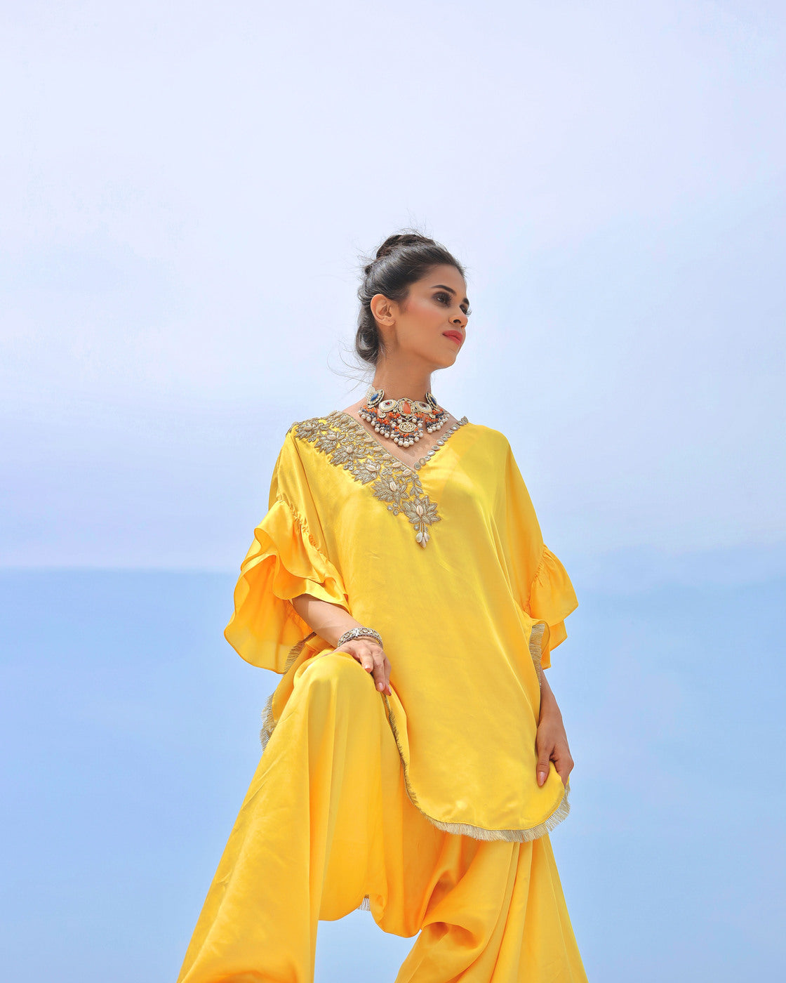 Yellow With Gold Embroidered Co-ordset (Offer)