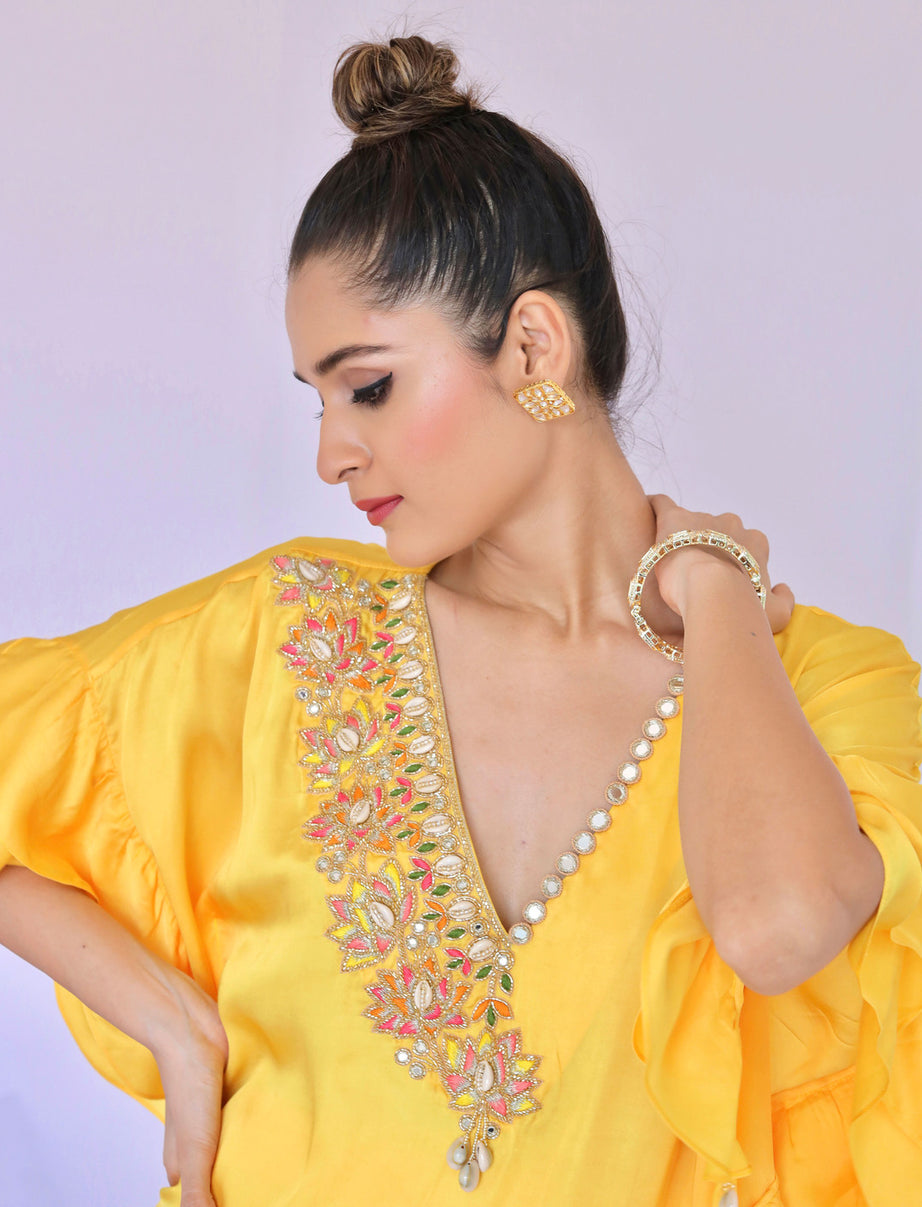 Yellow With Multi Colour Embroidered Co-ordset