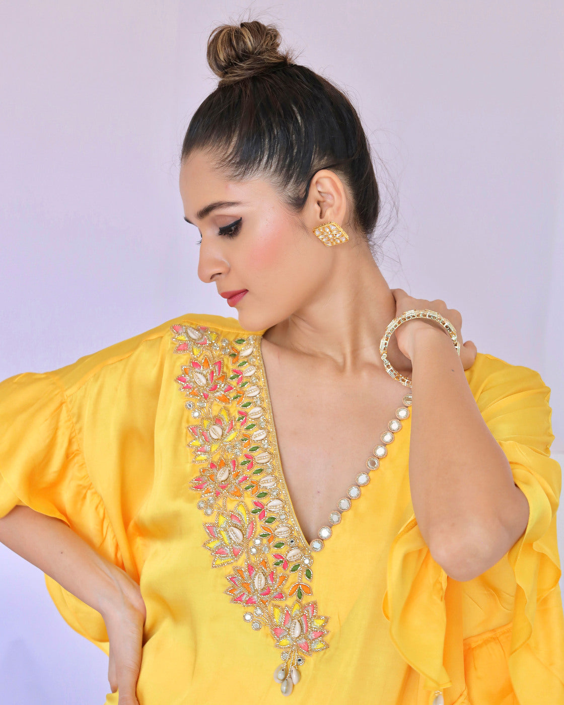 Yellow With Multi Colour Embroidered Co-ordset