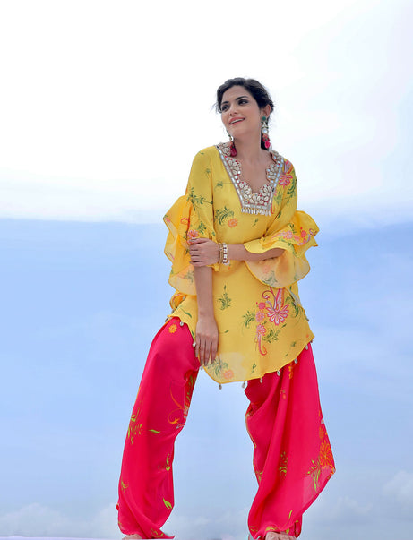 Yellow & Pink Paisley Print Embroidered Co-ordset (Offer)