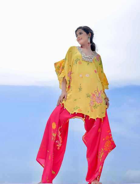 Yellow & Pink Paisley Print Embroidered Co-ordset