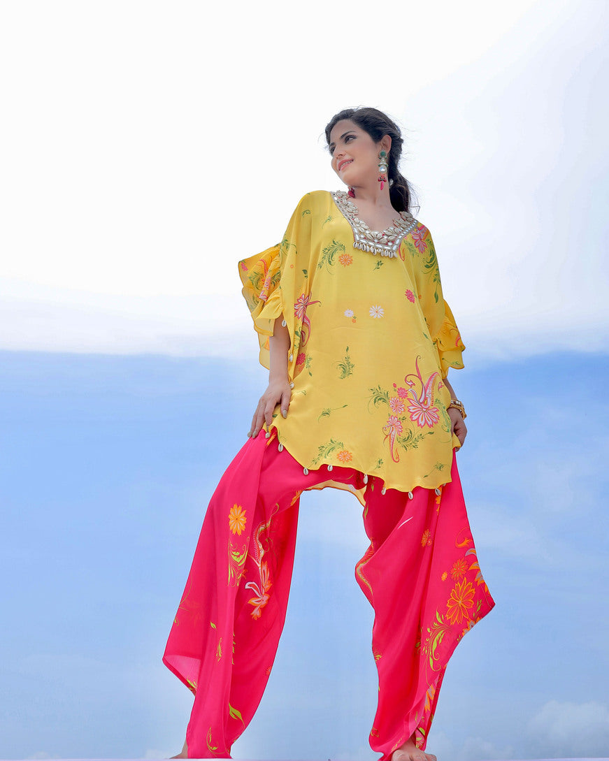 Yellow & Pink Paisley Print Embroidered Co-ordset