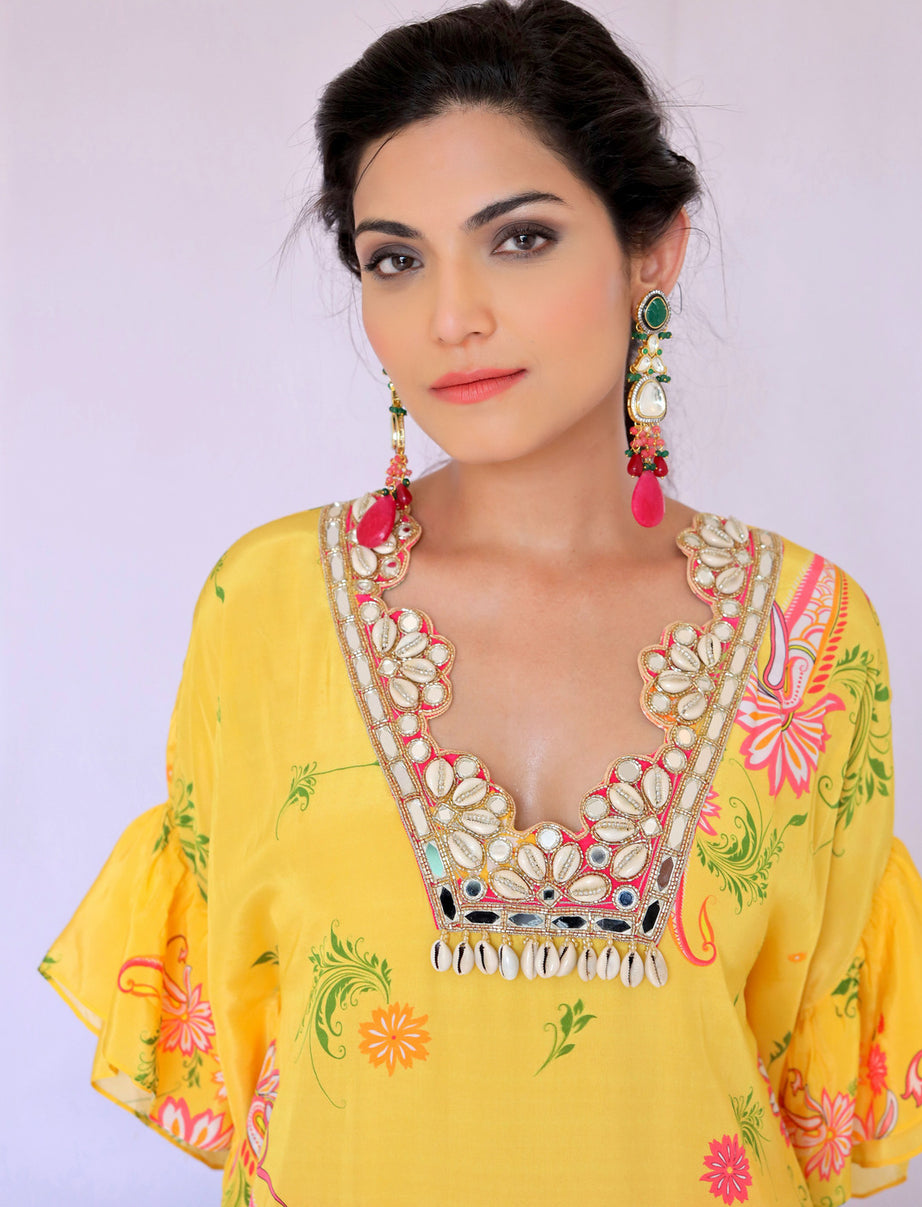 Yellow & Pink Paisley Print Embroidered Co-ordset