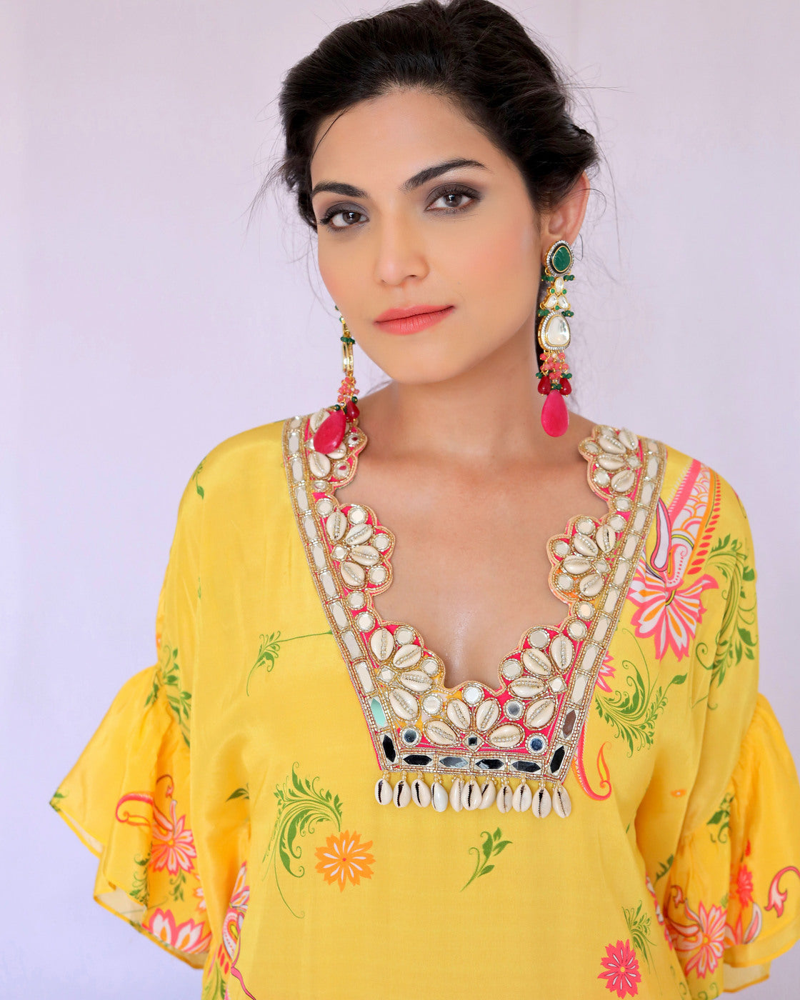 Yellow & Pink Paisley Print Embroidered Co-ordset