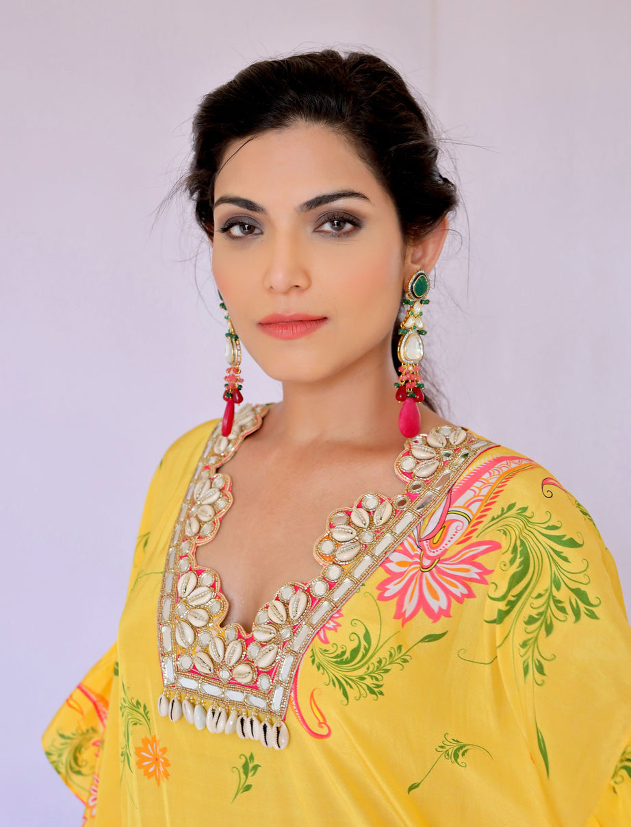 Yellow & Pink Paisley Print Embroidered Co-ordset