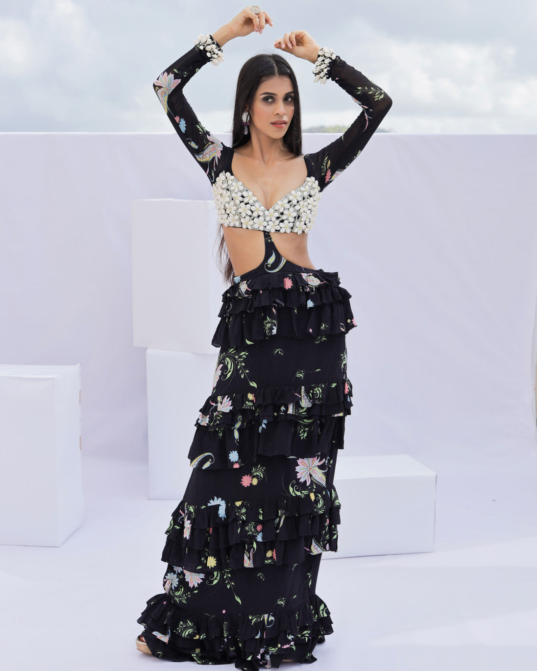 Black Print Cowrie Embroidered Maxi Dress