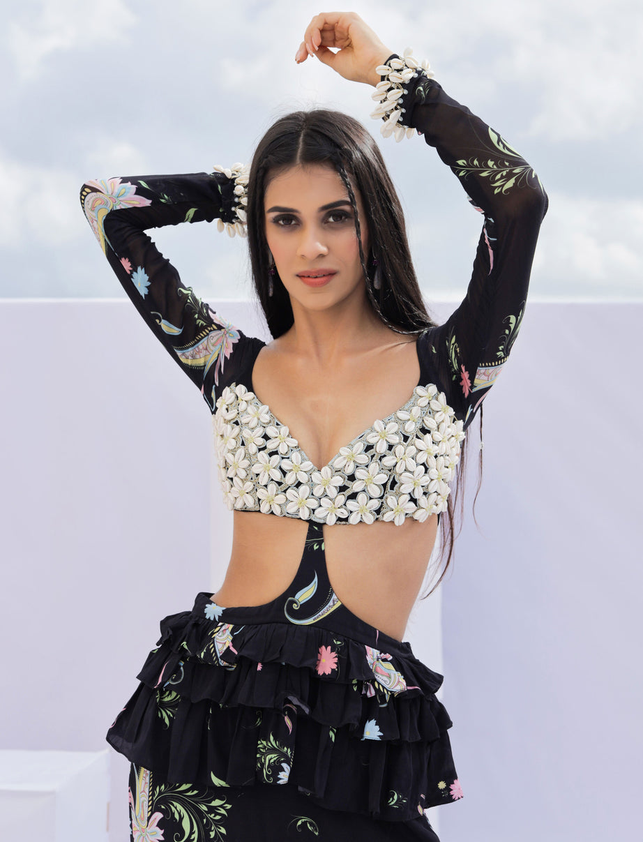 Black Print Cowrie Embroidered Maxi Dress