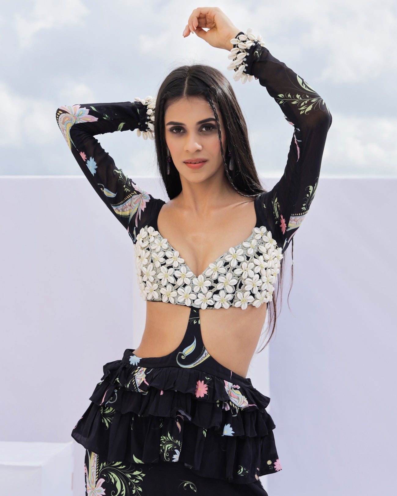 Black Print Cowrie Embroidered Maxi Dress