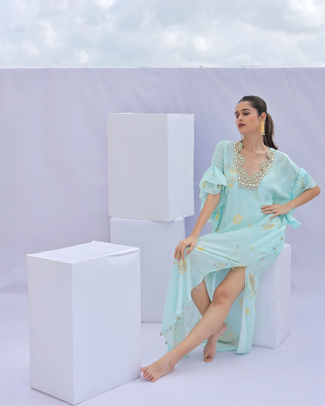 Blue Paisley Print Embroidered Kaftan (Offer)