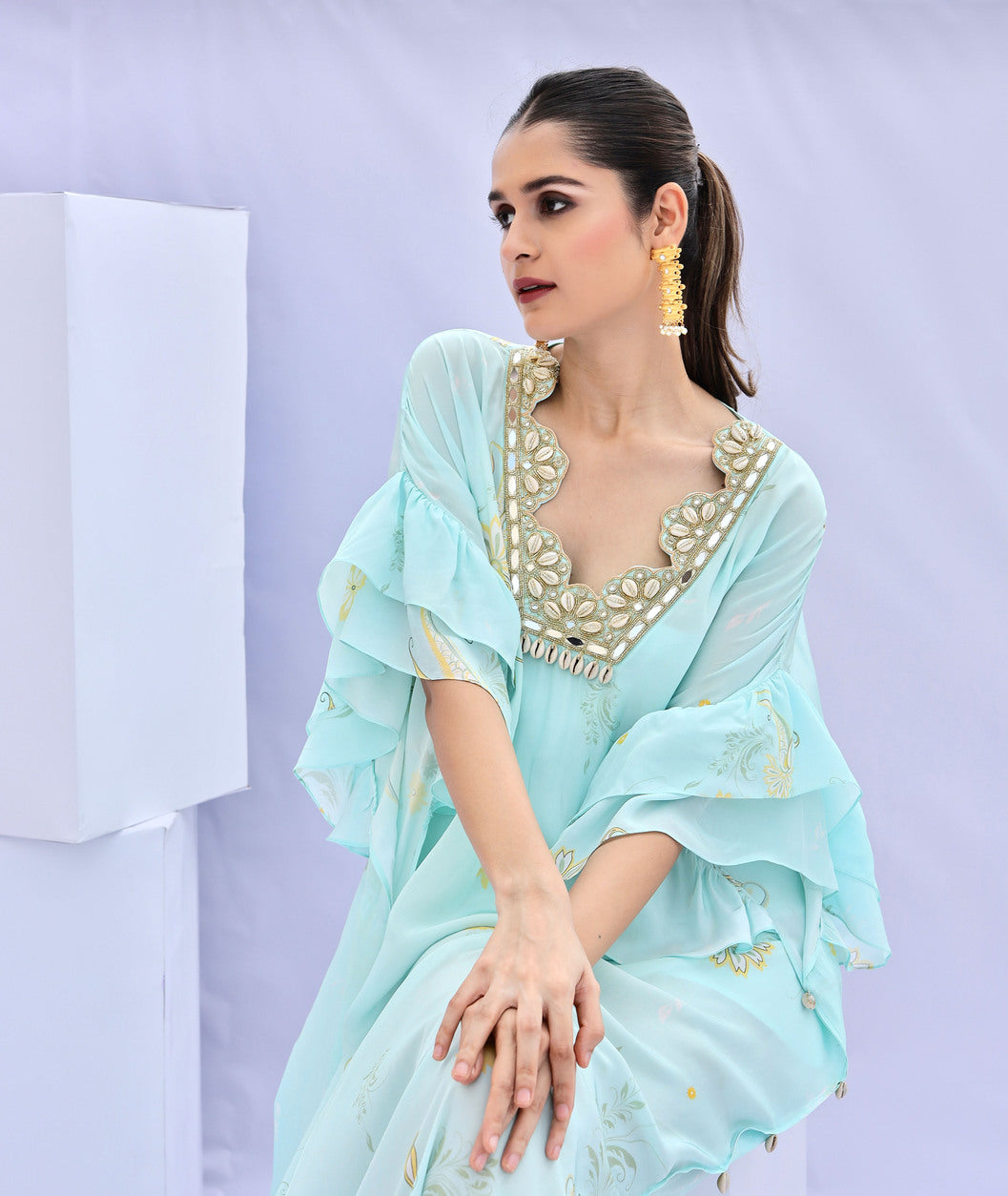 Blue Paisley Print Embroidered Kaftan (Offer)