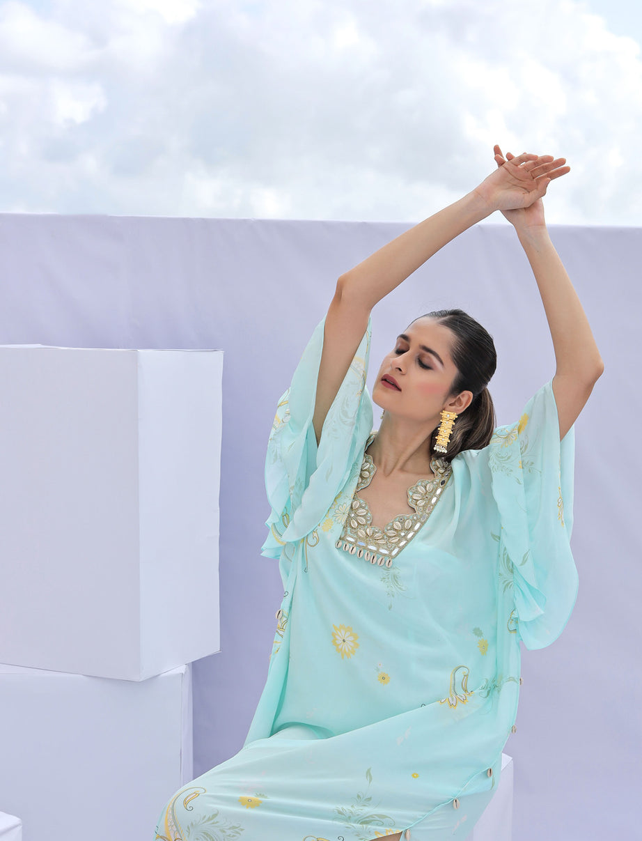 Blue Paisley Print Embroidered Kaftan (Offer)