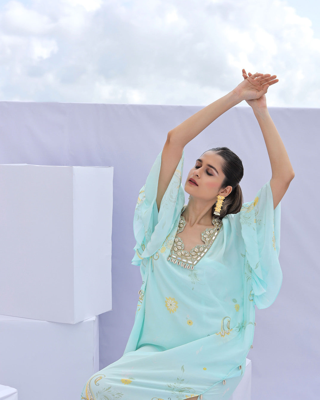 Blue Paisley Print Embroidered Kaftan (Offer)