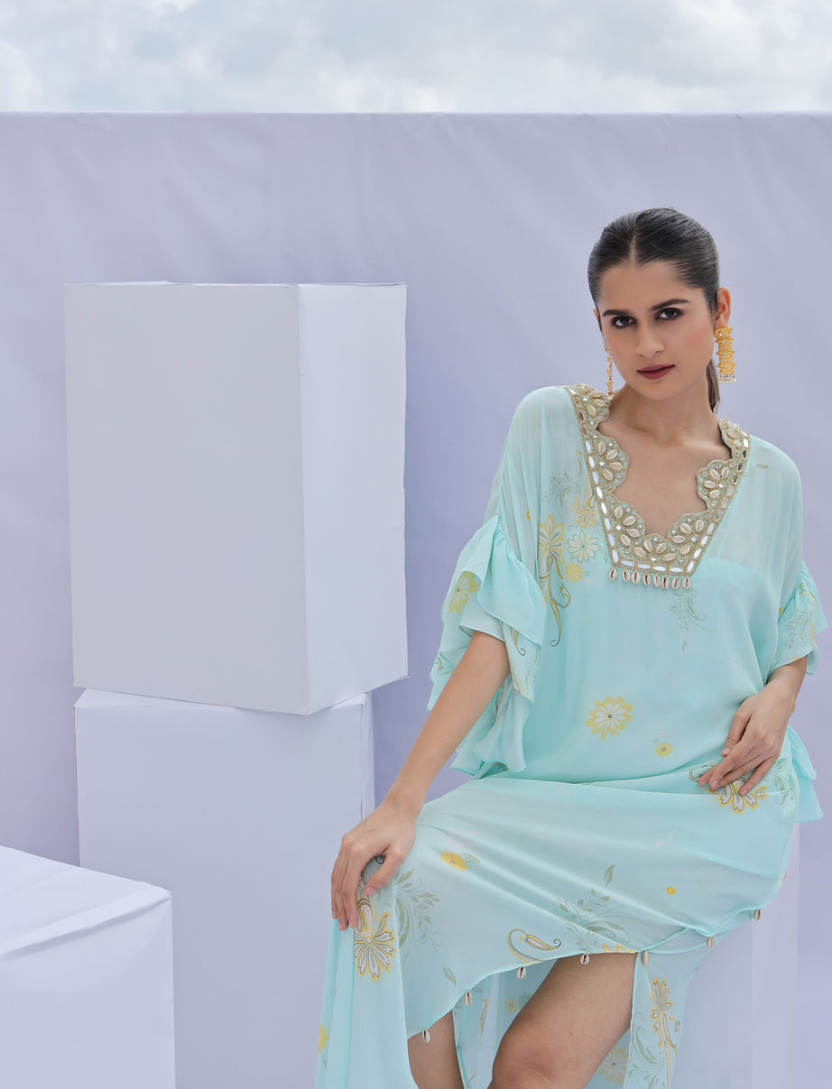 Blue Paisley Print Embroidered Kaftan (Offer)