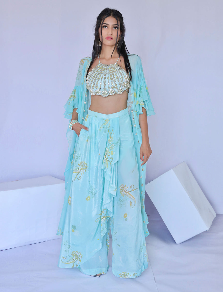 Blue Printed Dhoti Pant with Cape Set