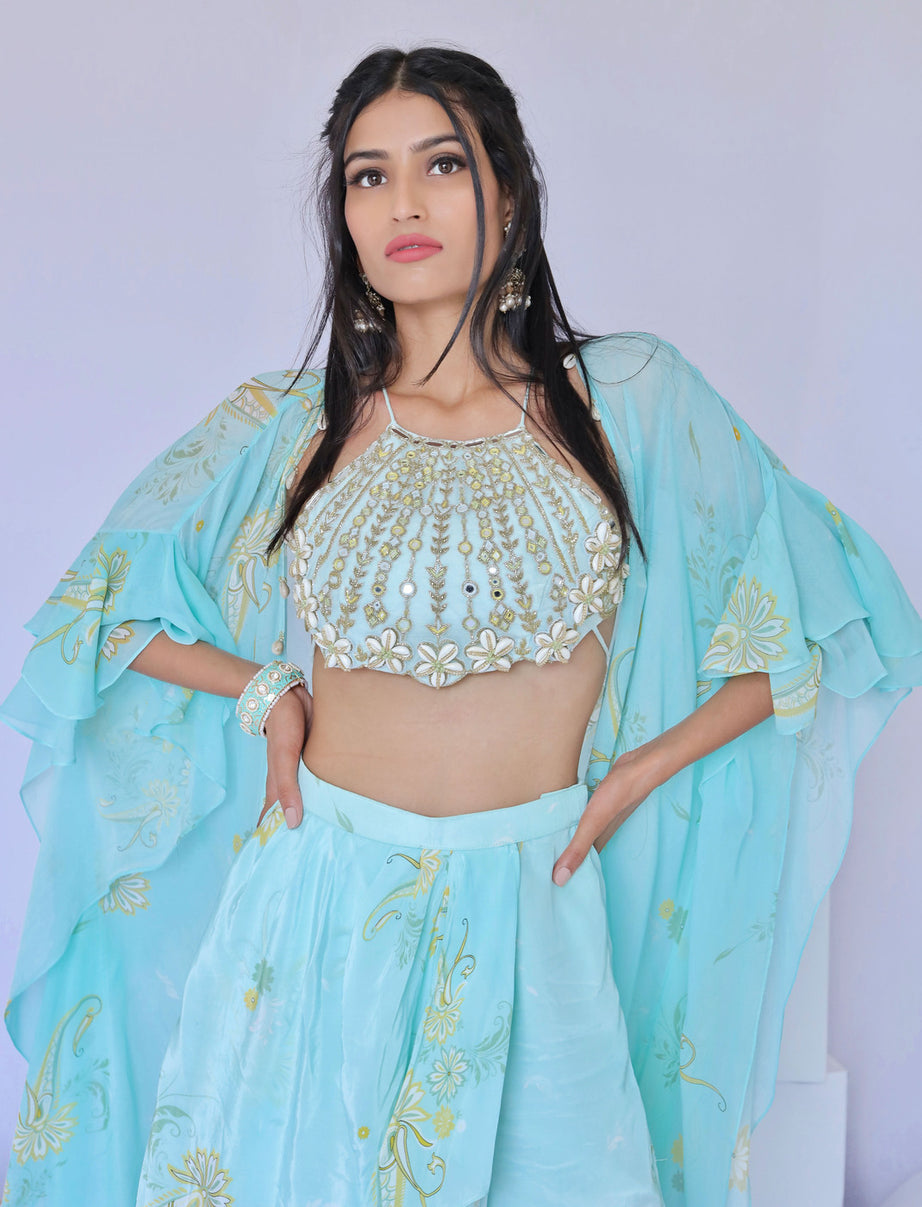 Blue Printed Dhoti Pant with Cape Set