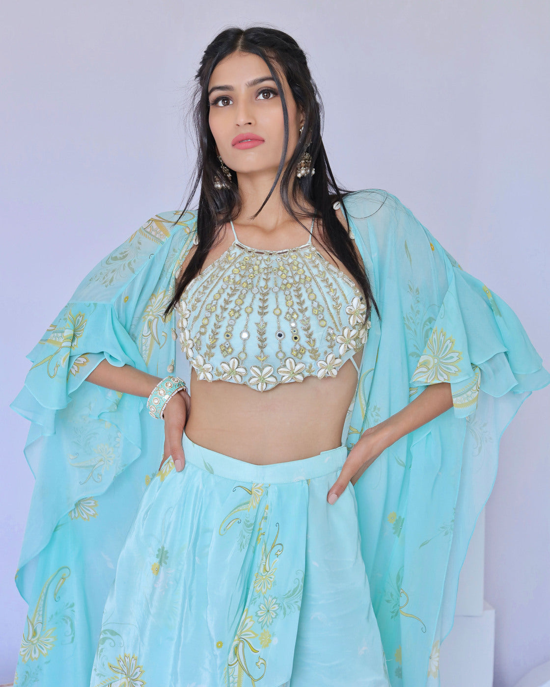 Blue Printed Dhoti Pant with Cape Set