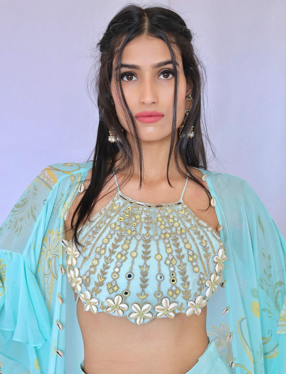 Blue Printed Dhoti Pant with Cape Set