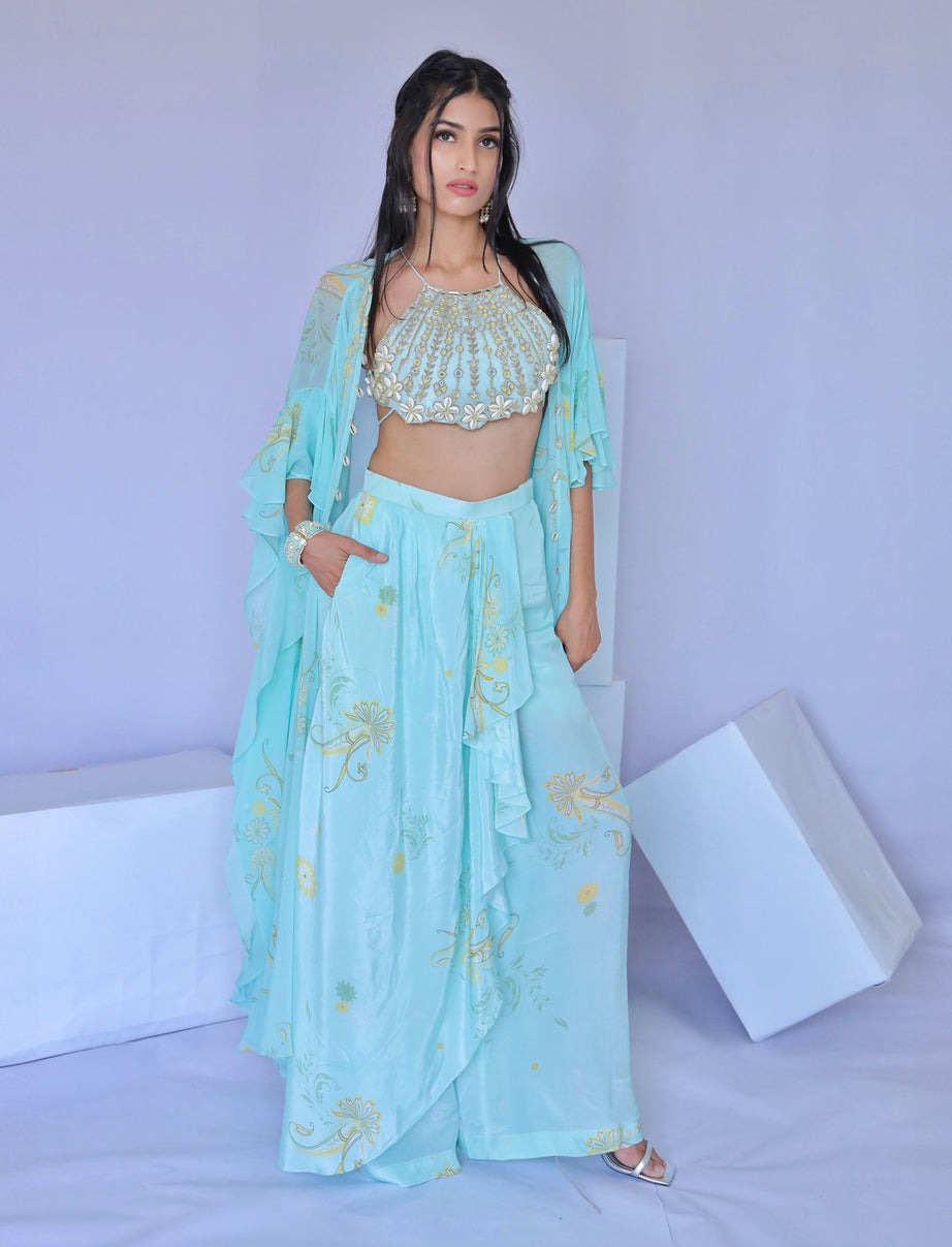 Blue Printed Dhoti Pant with Cape Set