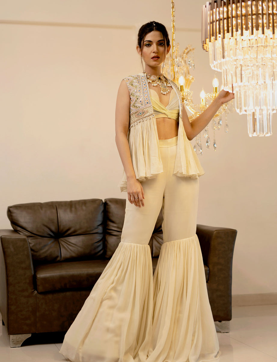 Cream Gharara Jacket Set