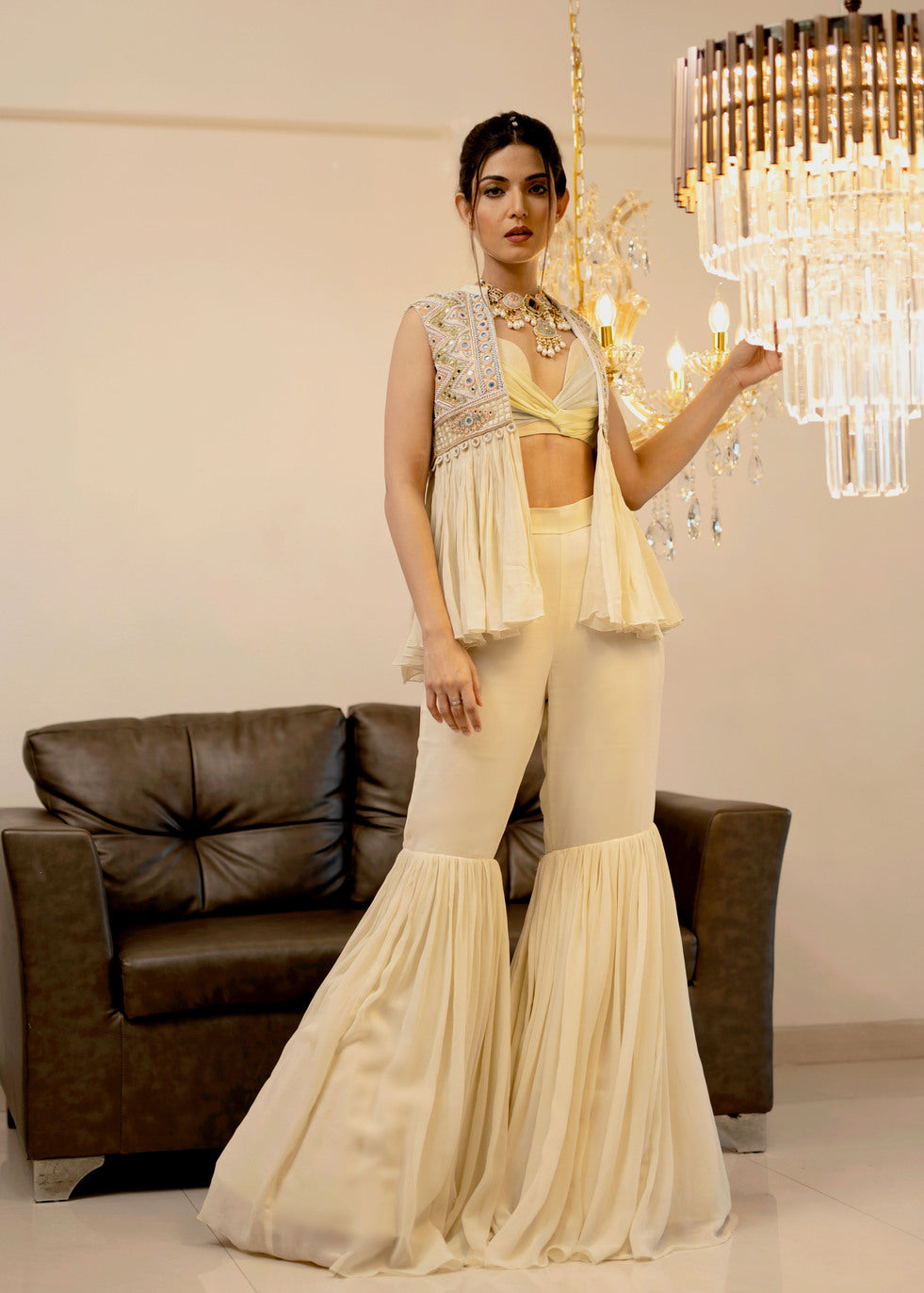 Cream Gharara Jacket Set