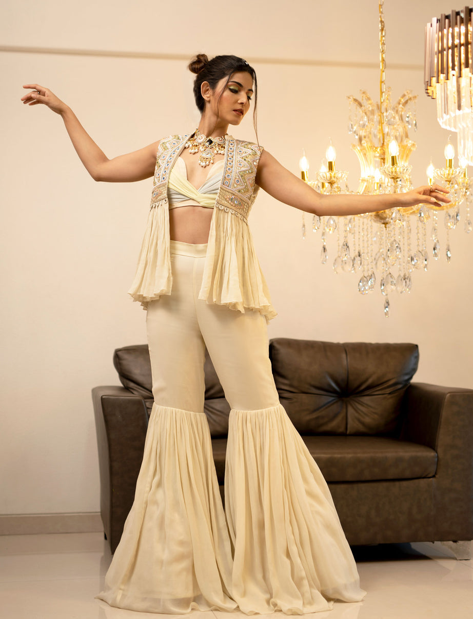 Cream Gharara Jacket Set