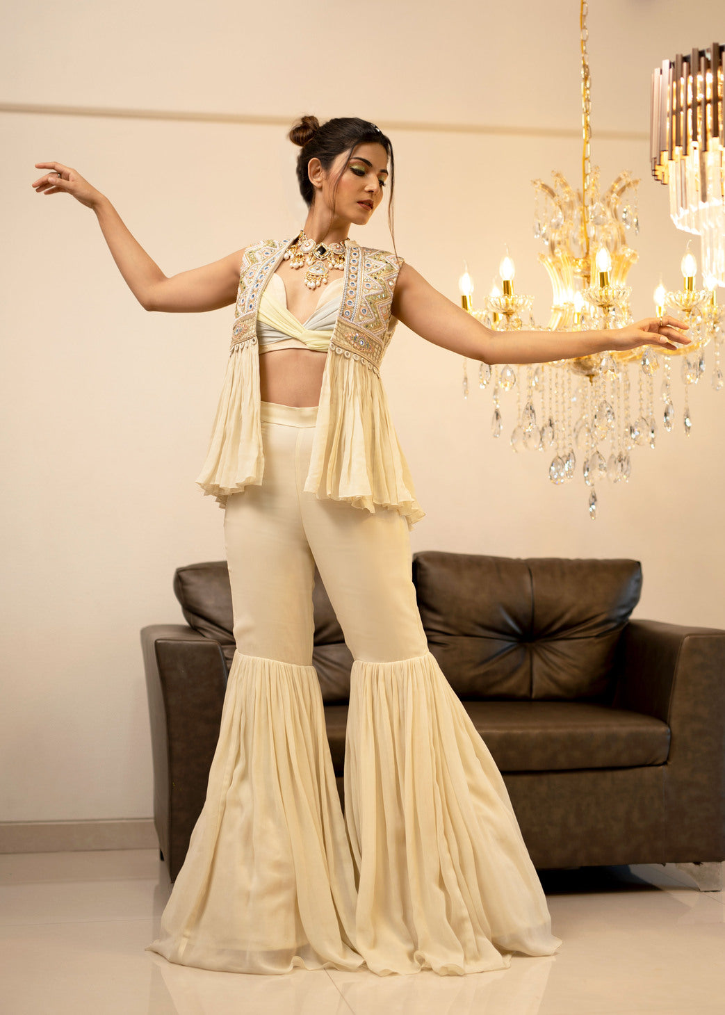 Cream Gharara Jacket Set