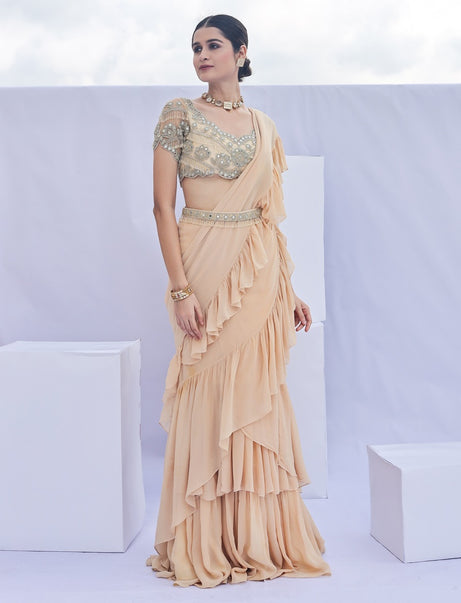Gold Pre-Draped Ruffle Saree Set