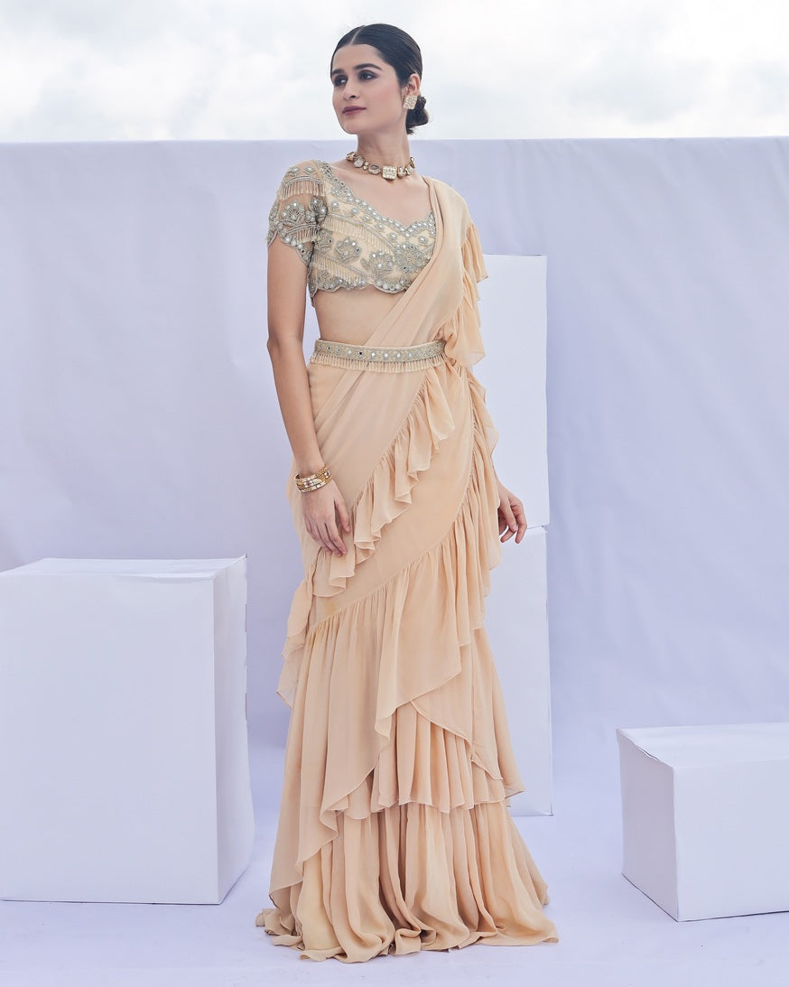 Gold Pre-Draped Ruffle Saree Set