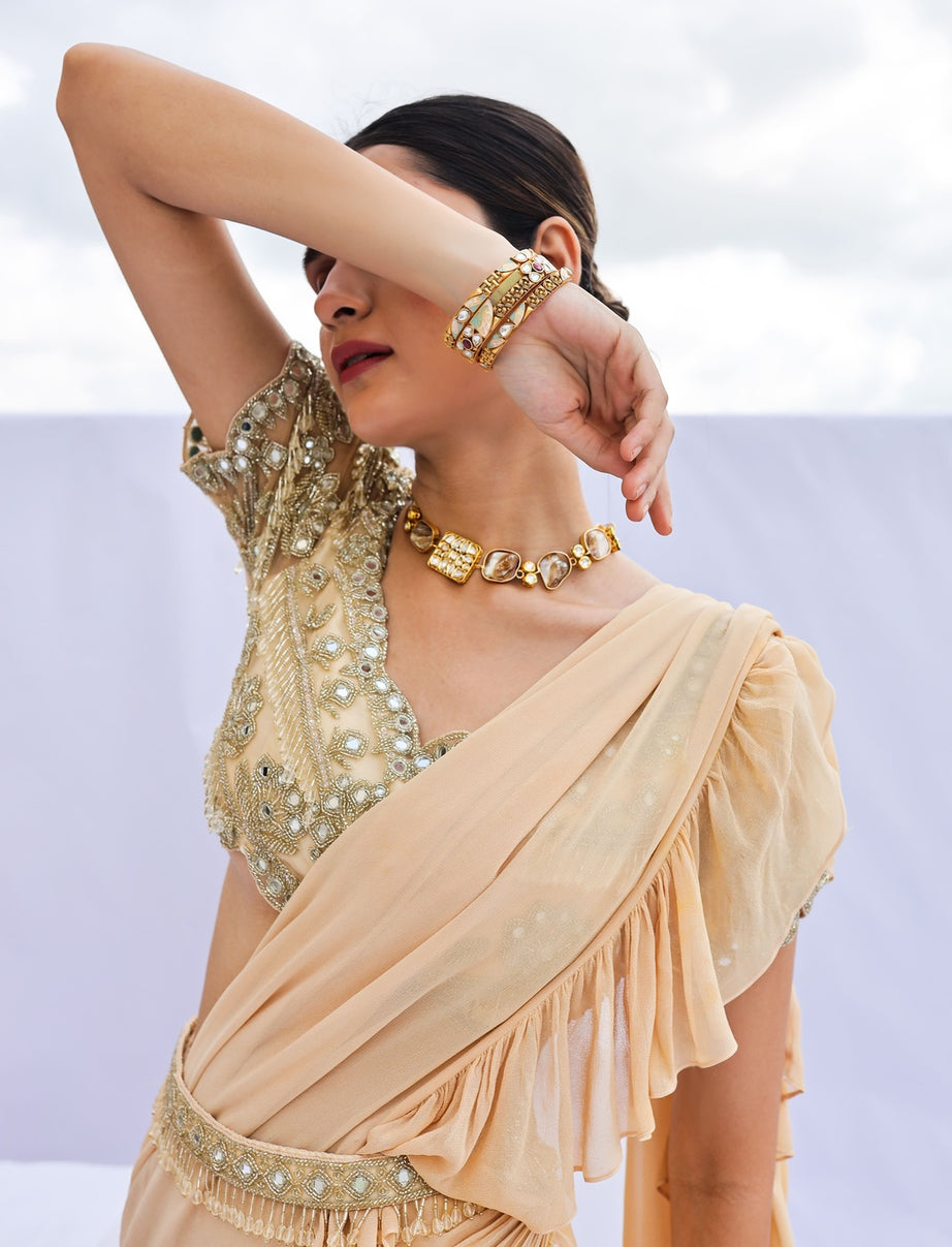Gold Pre-Draped Ruffle Saree Set