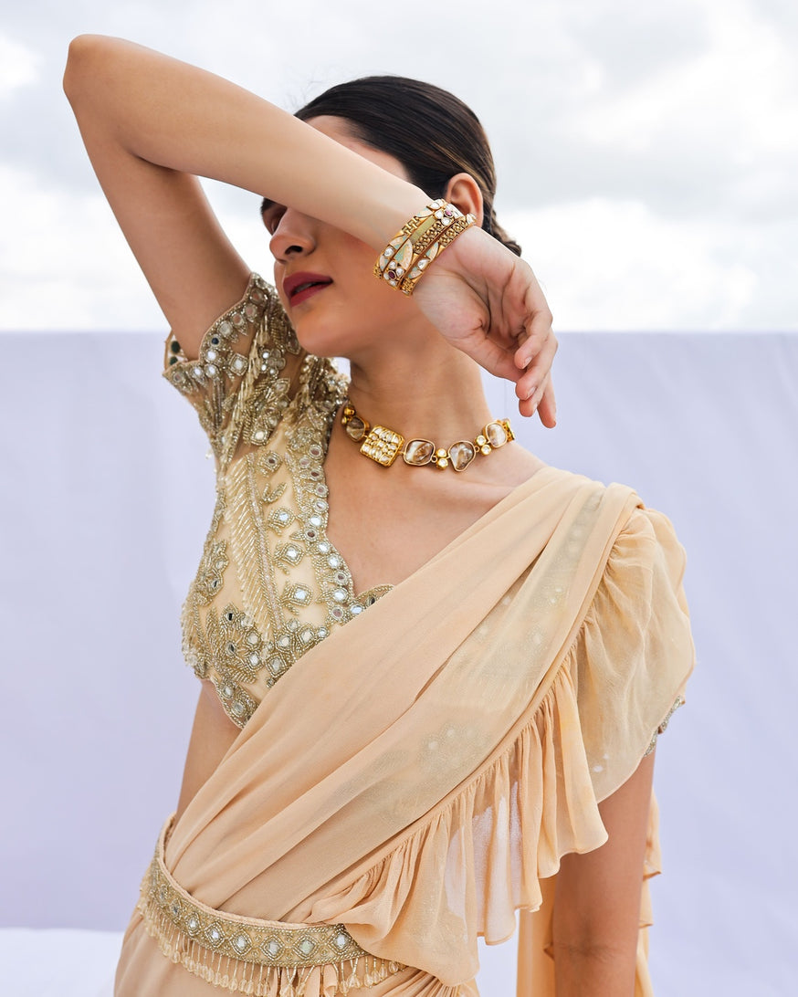 Gold Pre-Draped Ruffle Saree Set