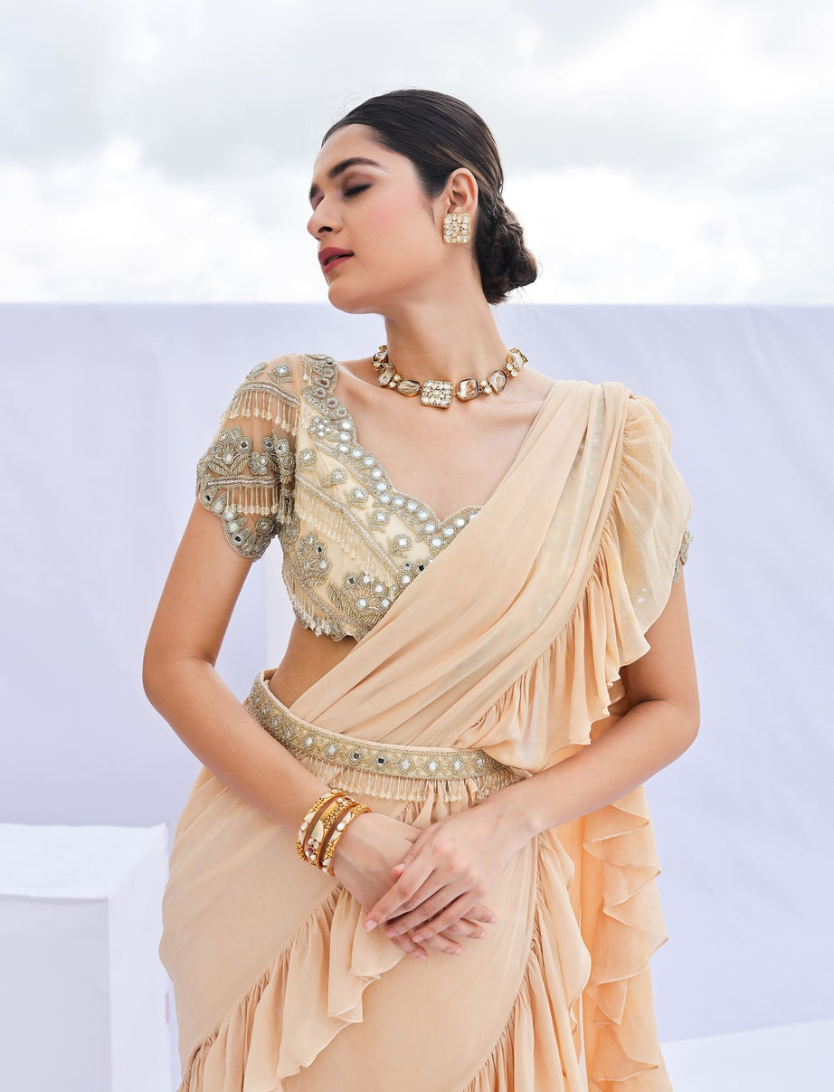Gold Pre-Draped Ruffle Saree Set