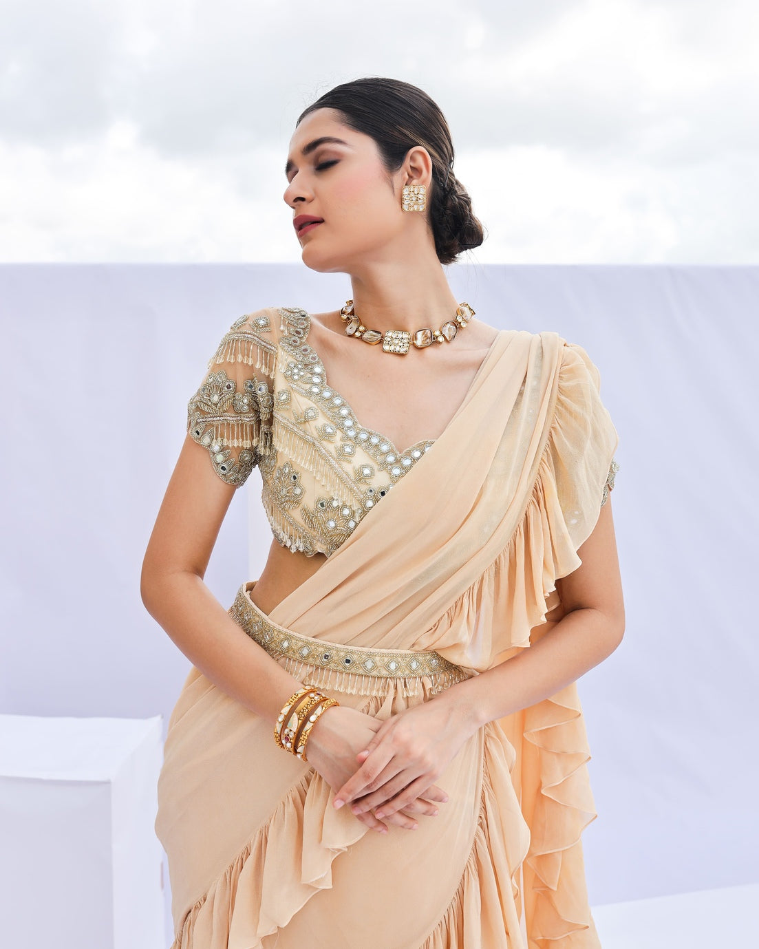 Gold Pre-Draped Ruffle Saree Set